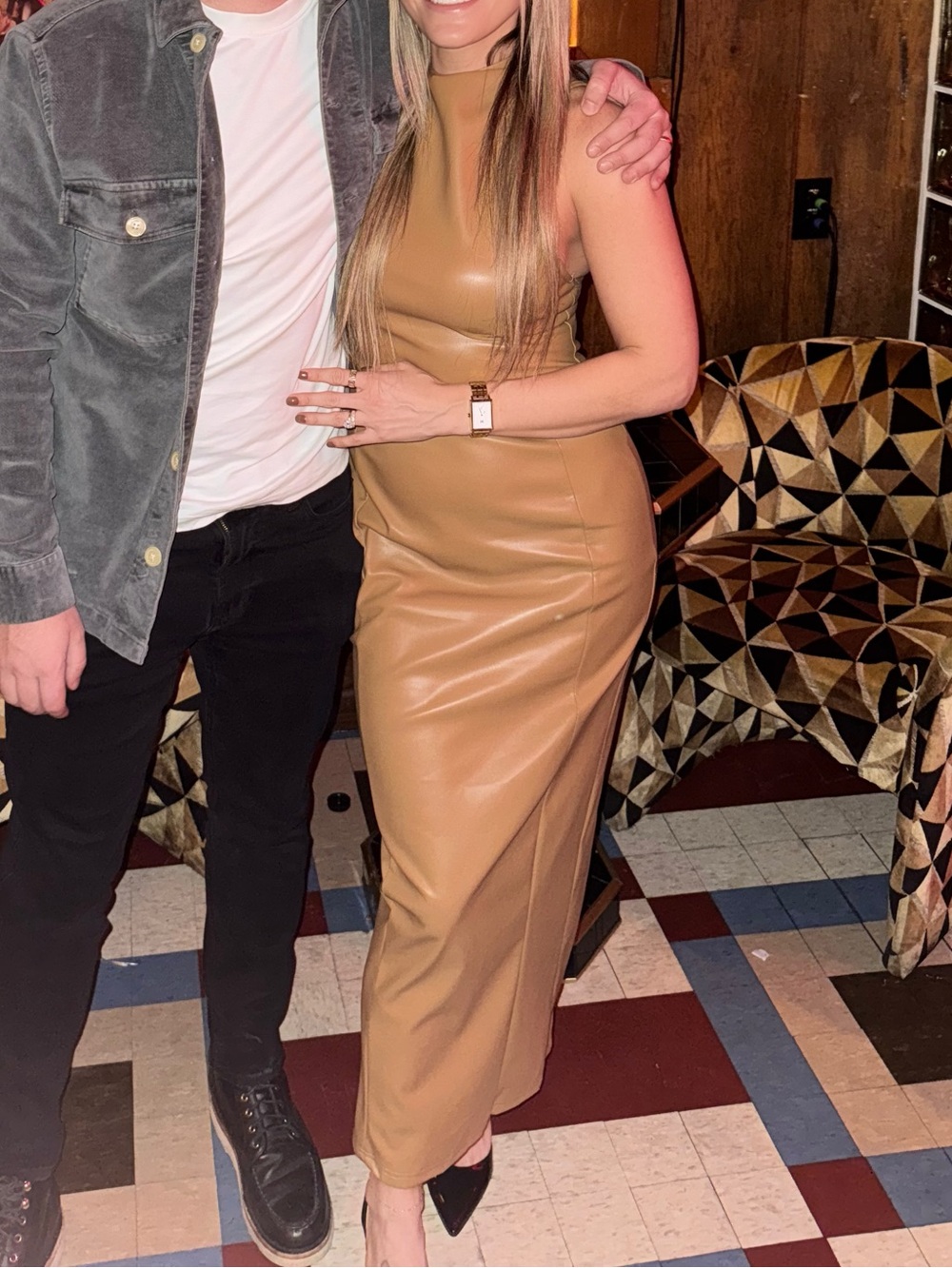 Tan Faux Leather Midi Dress